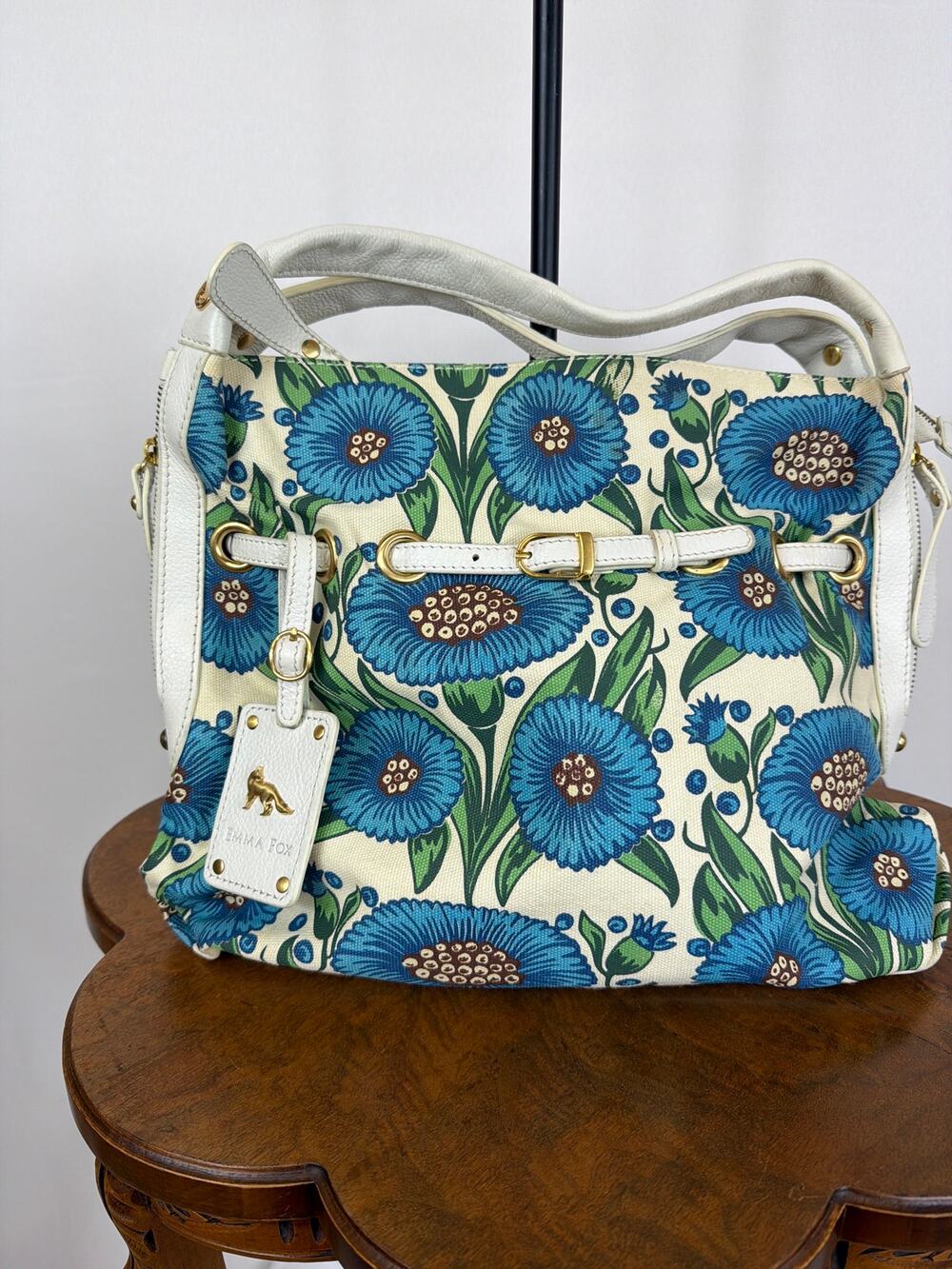 Emma Fox Blue Floral Canvas Shoulder Bag Leather Straps Casual Tote